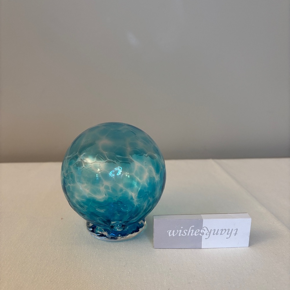 Wishing Ball Gratitude Globe With Note Pads Handblown Glass Crackle Teal Blue